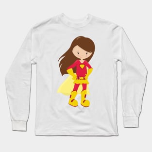 Superhero Girl, Cute Girl, Brown Hair, Red Costume Long Sleeve T-Shirt